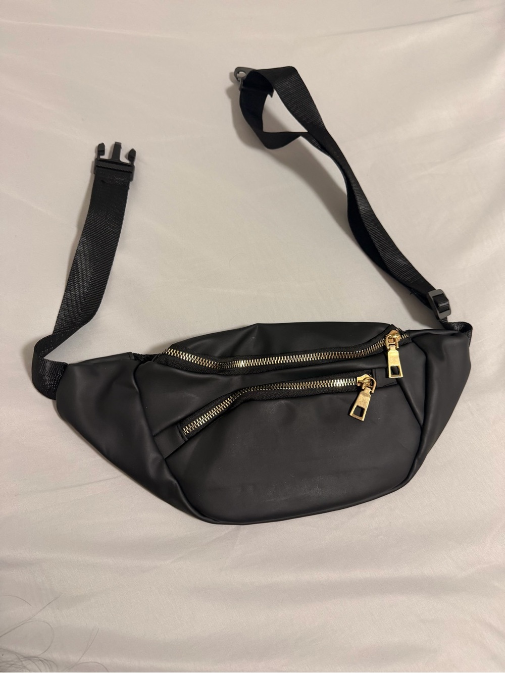 Black Faux-Leather Crossbody Belt Bag with Gold Hardware